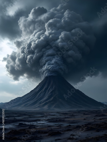 A dramatic volcano eruption with a large plume of smoke against a cloudy and overcast sky scene view
