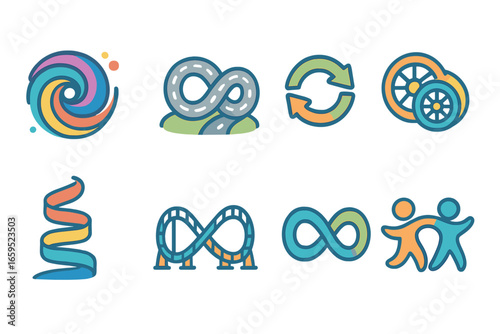 Infinite Motion Icons. vector mini-illustrations infinity movement in colors children's illustrations: swirling vortex, endless