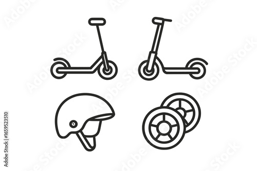 Electric scooter icon set: scooters, helmet, wheels in black and white line art