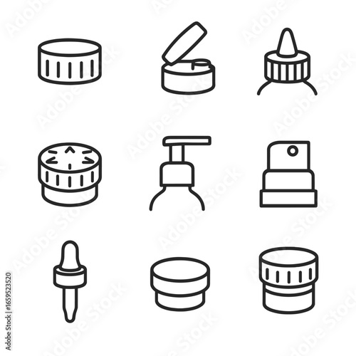Cap Icon Set. Outline icon set of cap types: screw cap, flip top cap, sports cap, childproof cap, pump cap, spray cap, dropper cap