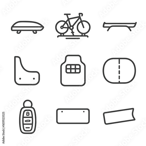 Car Accessories Icons. Outline icon set of car accessories: roof box, bike rack, spoiler, mudguard, floor mat, sunshade, key fob,