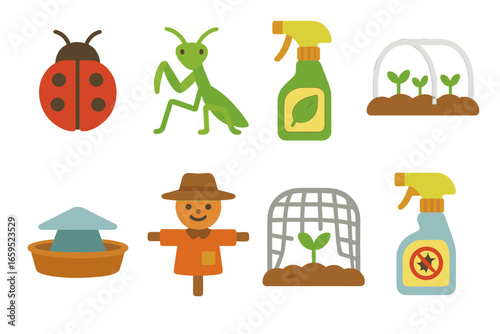 Garden Pest Control Icons. Flat vector mini-illustrations garden pest control in colors children's