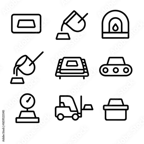 Ingot Tool Icons. Outline icon set of ingot tools and equipment: casting mold, crucible, furnace, ladle, cooling rack, conveyor