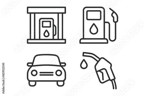 Simple line art of gas pump, fuel nozzle, gas station, and car