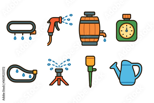 Garden Watering Tools. Flat vector mini-illustrations garden watering systems in colors children's