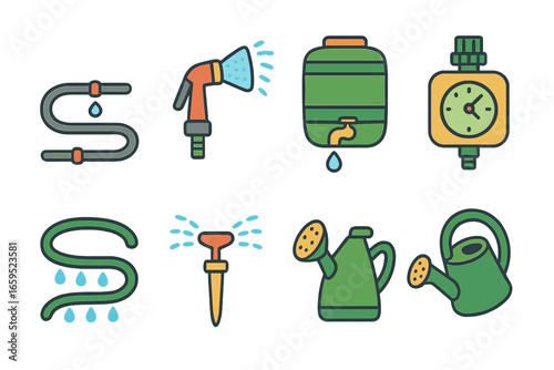 Garden Watering Tools. Flat vector mini-illustrations garden watering systems in colors children's