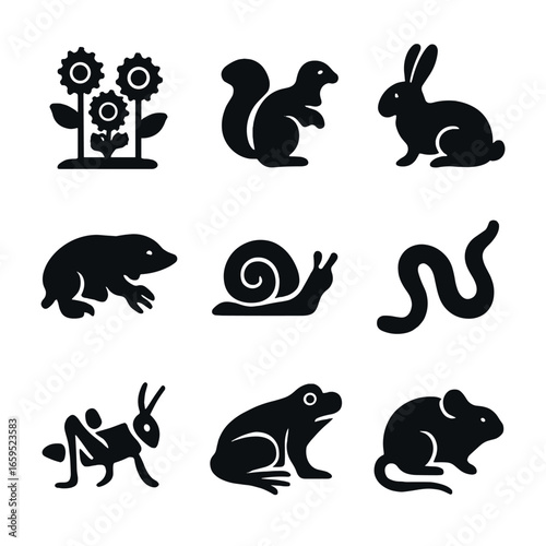 Garden Wildlife Icons. Solid, filled icons set of garden wildlife near sunflowers: squirrel, robin, rabbit,