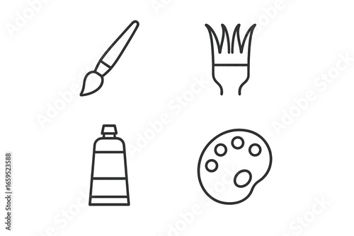 Art tools outline: paintbrushes, paint tube, and palette