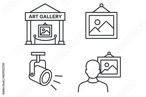 Art gallery icons set featuring exhibition and visitor silhouette