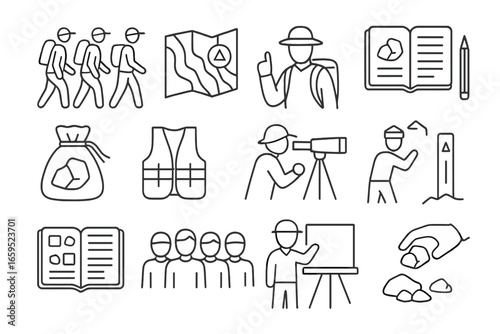 Geology Field Trip Icons. Outline vector icons of geology field trips: group hike, geology map, instructor,