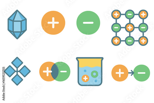 Ionic Compounds Grid. Flat vector mini-illustrations ionic compounds in colors children's illustrations: salt crystal, sodium ion,