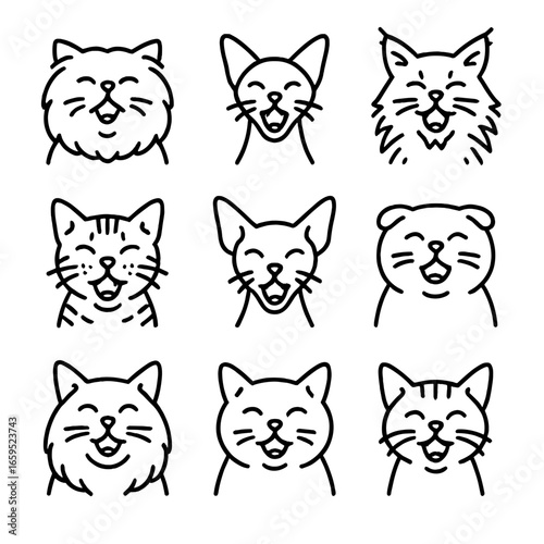 Cat Breeds Icons. Outline icon set of meow in different breeds: Persian cat meow, Siamese cat meow, Maine Coon meow, Bengal cat