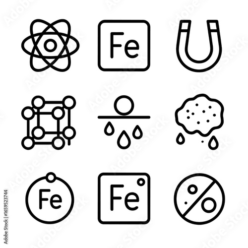 Iron Chemistry Icons. Outline icon set of iron chemistry and physics: iron atom, Fe symbol, iron magnet, iron crystal lattice,