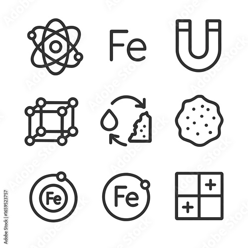 Iron Chemistry Icons. Outline icon set of iron chemistry and physics: iron atom, Fe symbol, iron magnet, iron crystal lattice,