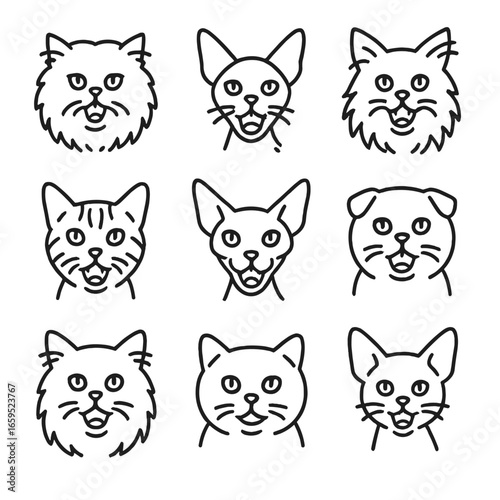 Cat Breeds Icons. Outline icon set of meow in different breeds: Persian cat meow, Siamese cat meow, Maine Coon meow, Bengal cat