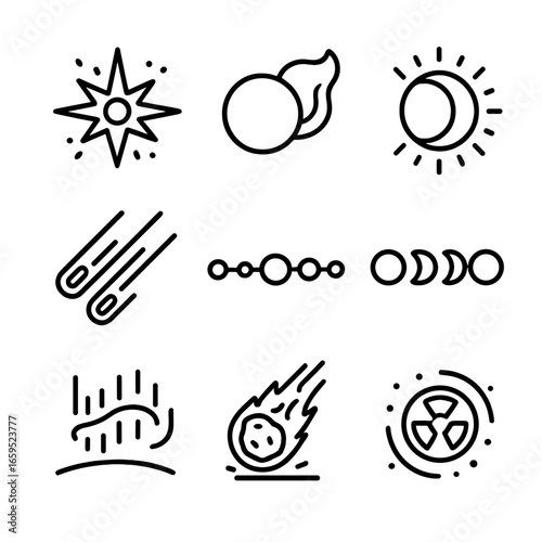 Celestial Event Icons. Outline icon set of celestial events: supernova, solar flare, eclipse, meteor shower, planetary alignment,