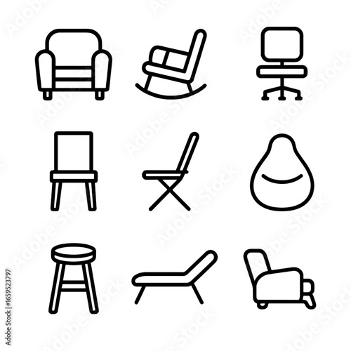 Chair Icons Grid. Outline icon set of chair types: armchair, rocking chair, office chair, dining chair, folding chair, bean bag,