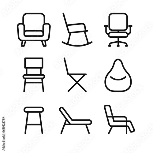 Chair Icons Grid. Outline icon set of chair types: armchair, rocking chair, office chair, dining chair, folding chair, bean bag,
