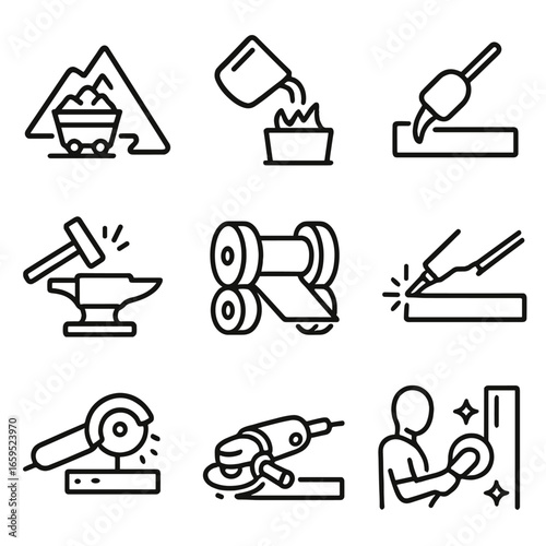 Iron Manufacturing Icons. Outline icon set of iron manufacturing process: mining, smelting, casting, forging, rolling, welding,
