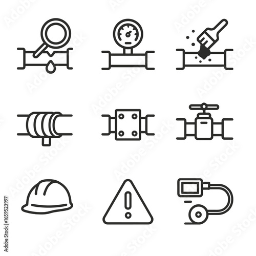 Iron Pipe Safety Icons. Outline icon set of iron pipe safety and maintenance: leak detection, pressure gauge, corrosion protection