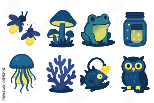 Glowing Night Wildlife Icons. Flat vector mini-illustrations glowing wildlife at night in colors children's
