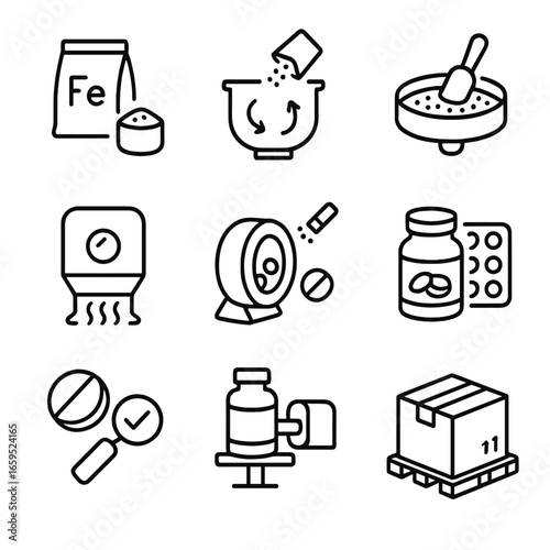 Iron Supplement Icons. Outline icon set of iron supplement manufacturing: raw materials, mixing, granulation, drying, coating,