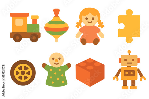 Children's Toy Icons. Flat vector mini-illustrations toy craftsmanship in colors children's illustrations: wooden train, painted