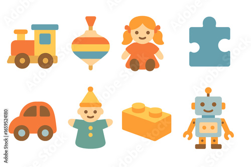Children's Toy Icons. Flat vector mini-illustrations toy craftsmanship in colors children's illustrations: wooden train, painted