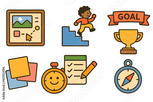 Goal Setting Icons. Flat vector mini-illustrations goal setting with mentors in colors children's