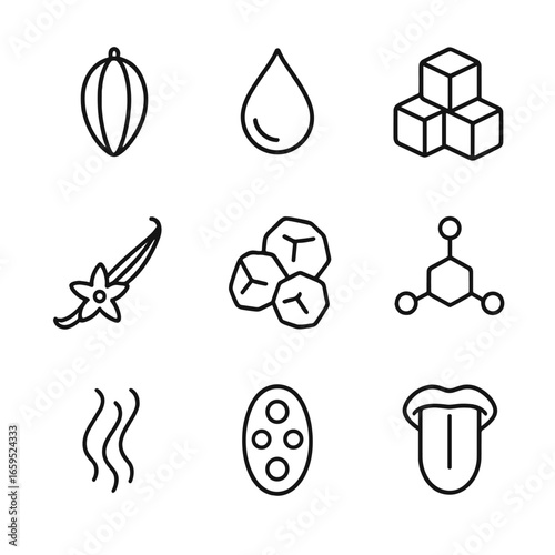 Chocolate Chemistry Icons. Outline icon set of milk chocolate flavor chemistry: cocoa bean, milk droplet, sugar cube, vanilla pod,