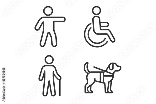 Accessibility symbols: wheelchair user, cane, guide dog, person