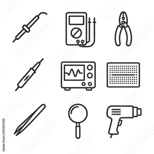 Electronic Tools Icons. Outline icon set of electronic tools: soldering iron, multimeter, wire stripper, circuit tester,