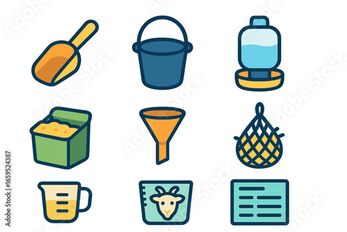 Goat Feeding Tools. Flat vector mini-illustrations goat feeding tools in colors children's illustrations: