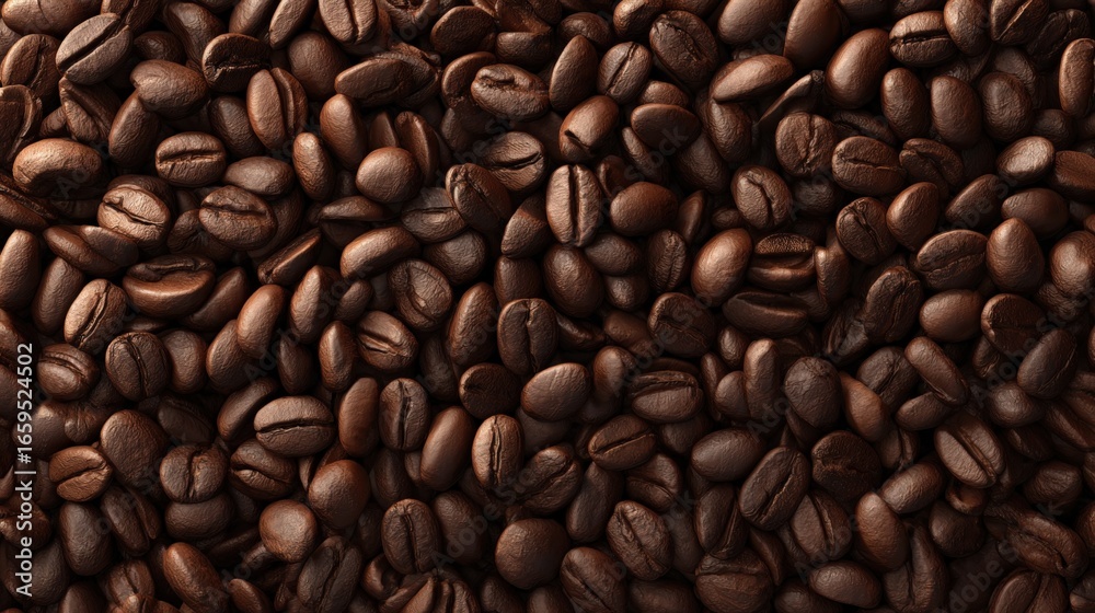 Fototapeta premium Roasted Coffee Beans: A close-up shot captures the rich texture and inviting aroma of perfectly roasted coffee beans, showcasing their deep brown hues and natural patterns. Generative AI