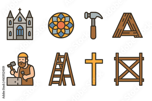 Gothic Church Icons. Flat vector mini-illustrations gothic church construction in colors children's