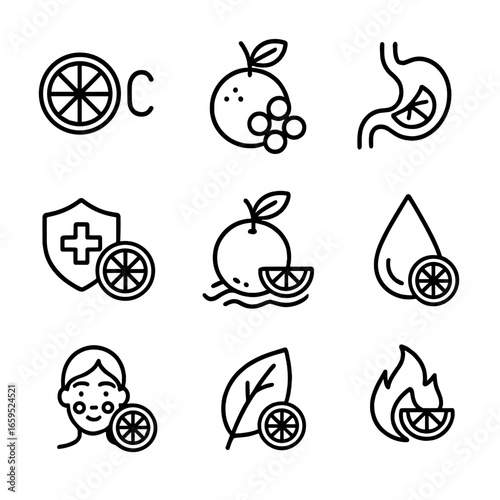 Citrus Health Icons. Outline icon set of citrus health benefits: vitamin C, antioxidant, digestion aid, immune boost,
