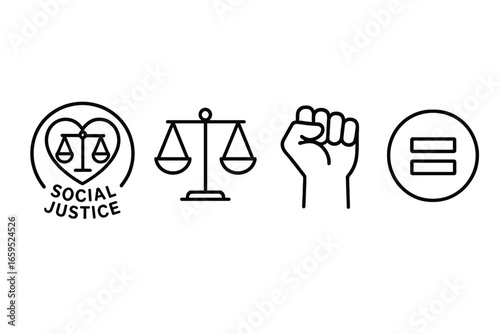 Social justice symbols: scales of justice, raised fist, equality