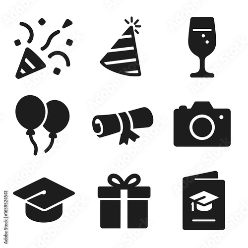 Graduation Celebration Icons. Solid, filled icons set of graduation celebrations: confetti, party hat,