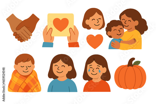 Gratitude Icons Grid. Flat vector mini-illustrations gratitude moments in colors children's illustrations: