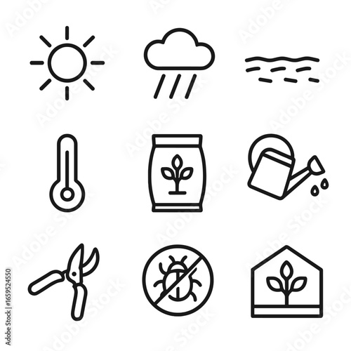 Environmental Icon Set. Outline icon set of fig environmental factors: sun, rain, soil, temperature, fertilizer, watering, pruning