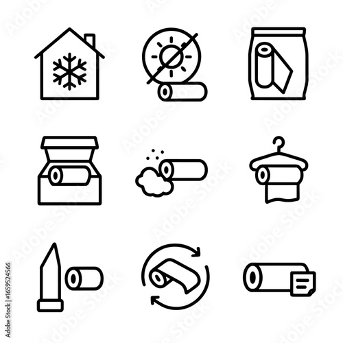 Cling Wrap Icon Set. Outline icon set of cling wrap storage tips: cool dry place, avoid sunlight, keep roll sealed, store in box,