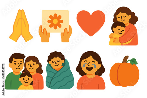 Gratitude Icons Grid. Flat vector mini-illustrations gratitude moments in colors children's illustrations: