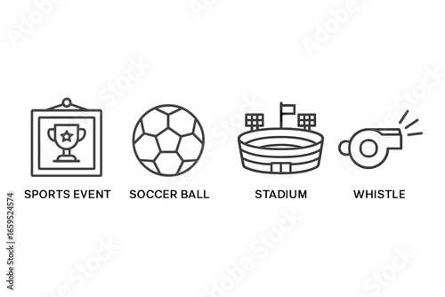 Icon set featuring sports event elements: trophy, soccer ball, stadium, whistle