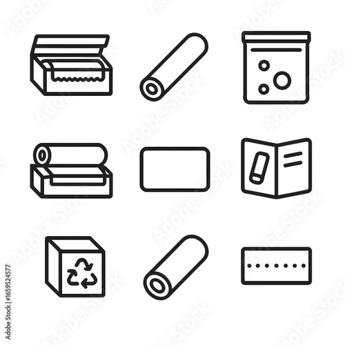 Cling Wrap Icon Set. Outline icon set of cling wrap packaging: box with cutter, plastic roll, sealed bag, dispenser, label,