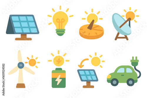 Kids' Energy Icons. Flat vector mini-illustrations sunlight and energy in colors children's illustrations: solar panel, light bulb