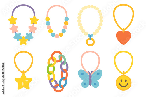 Kids' Costume Necklaces. Flat vector mini-illustrations kids’ costume necklaces in colors children's illustrations: plastic star