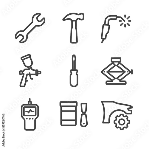 Collision Repair Tools. Outline icon set of collision repair tools: wrench, hammer, welding torch, paint spray, screwdriver, jack,
