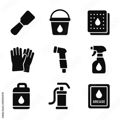 Grease Tool Icons. Solid, filled icons set of grease management tools: grease scraper, oil collection bucket,