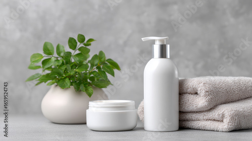 Repair damaged hair with nourishing treatment in white bottle and jar set on bathroom counter with soft towel and green plant for calm atmosphere