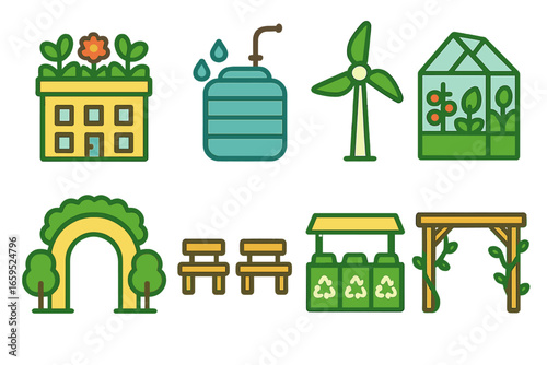 Green Urban Icons. Flat vector mini-illustrations green urban architecture in colors children's illustrations: